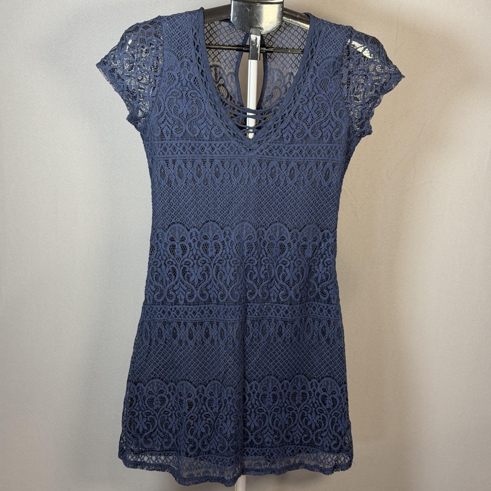 Hollister Dress Womens Medium Blue NWT Lace Fit & Flare Short Sleeve V Neck